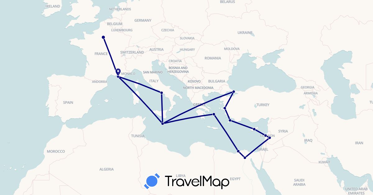TravelMap itinerary: driving in Cyprus, Egypt, France, Greece, Italy, Lebanon, Malta, Syria, Turkey (Africa, Asia, Europe)